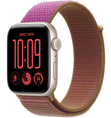Apple Watch SE 3, aluminium case, starlight colour, right side exterior, Digital Crown dial, microphone, side button, connected to Sport Loop band, magenta colour, hook-and-loop fastenerr