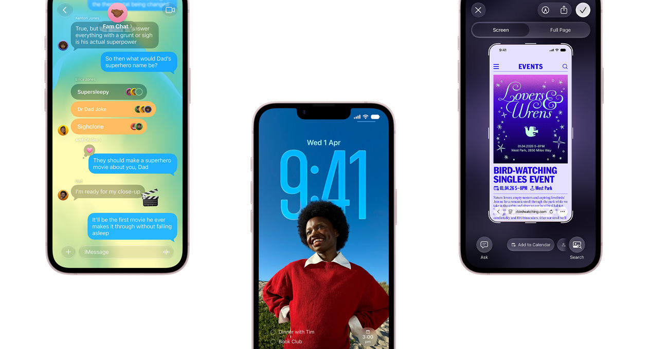 Three iPhone 17e devices, front exterior, showing Messages app with Liquid Glass design, dynamic Lock Screen and screenshot feature with Calendar event in use