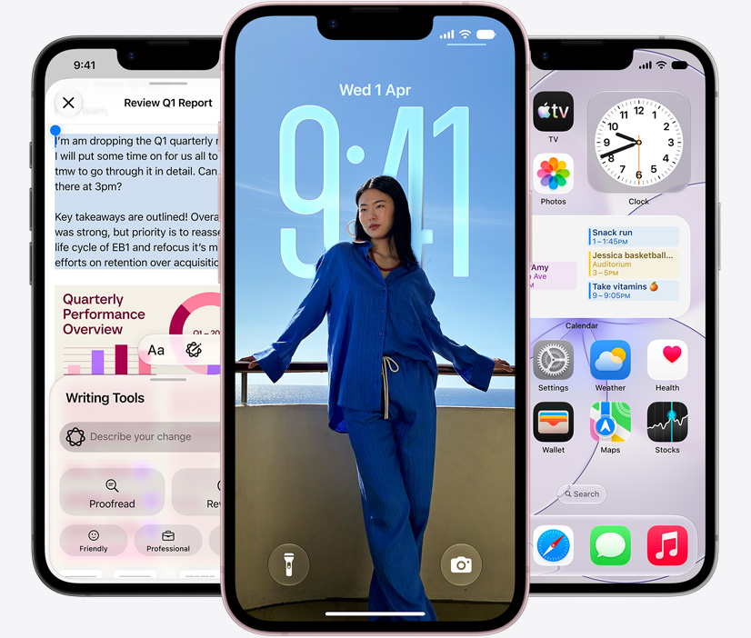 Three iPhone 17e devices, front exterior, screenshot featuring Writing Tools in use, Lock Screen showing a photo of a person, and Messages app sending messages via satellite