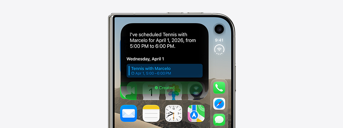 iPhone Duo fechado, notificação da Siri AI indicando uma atualização do calendário na tela externa
