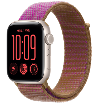 Apple Watch SE 3, boîtier en aluminium, comète, cadran Flux, côté droit, couronne Digital Crown, microphone, bouton latéral, bracelet sport à rabat, rose goyave (rose vif avec bordures lavande), fermeture à rabat