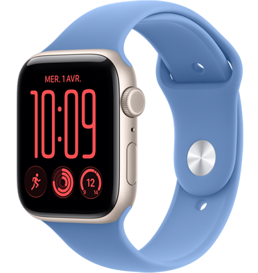 Apple Watch SE 3, boîtier en aluminium, comète, cadran Flux, côté droit, Digital Crown, microphone, bouton latéral, bracelet sport comète, fermoir à clou et passant argent