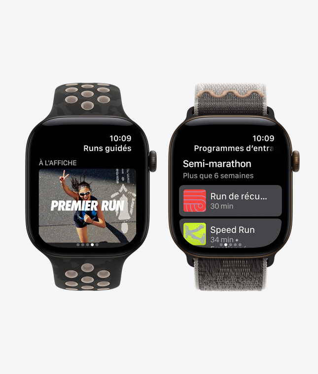 Plusieurs Apple Watch Series 12, boîtiers en aluminium, couleur noir, écrans affichant : app Nike Run Club, courses guidées, programmes d’entraînement, bracelets : bracelet sport Nike, couleur noir After Dark, bracelet sport à rabat Nike, couleur noir After Dark