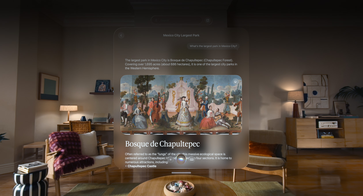 Vue d’une conversation avec Siri sur Apple Vision Pro, incluant une requête et une réponse détaillée avec une image et du texte