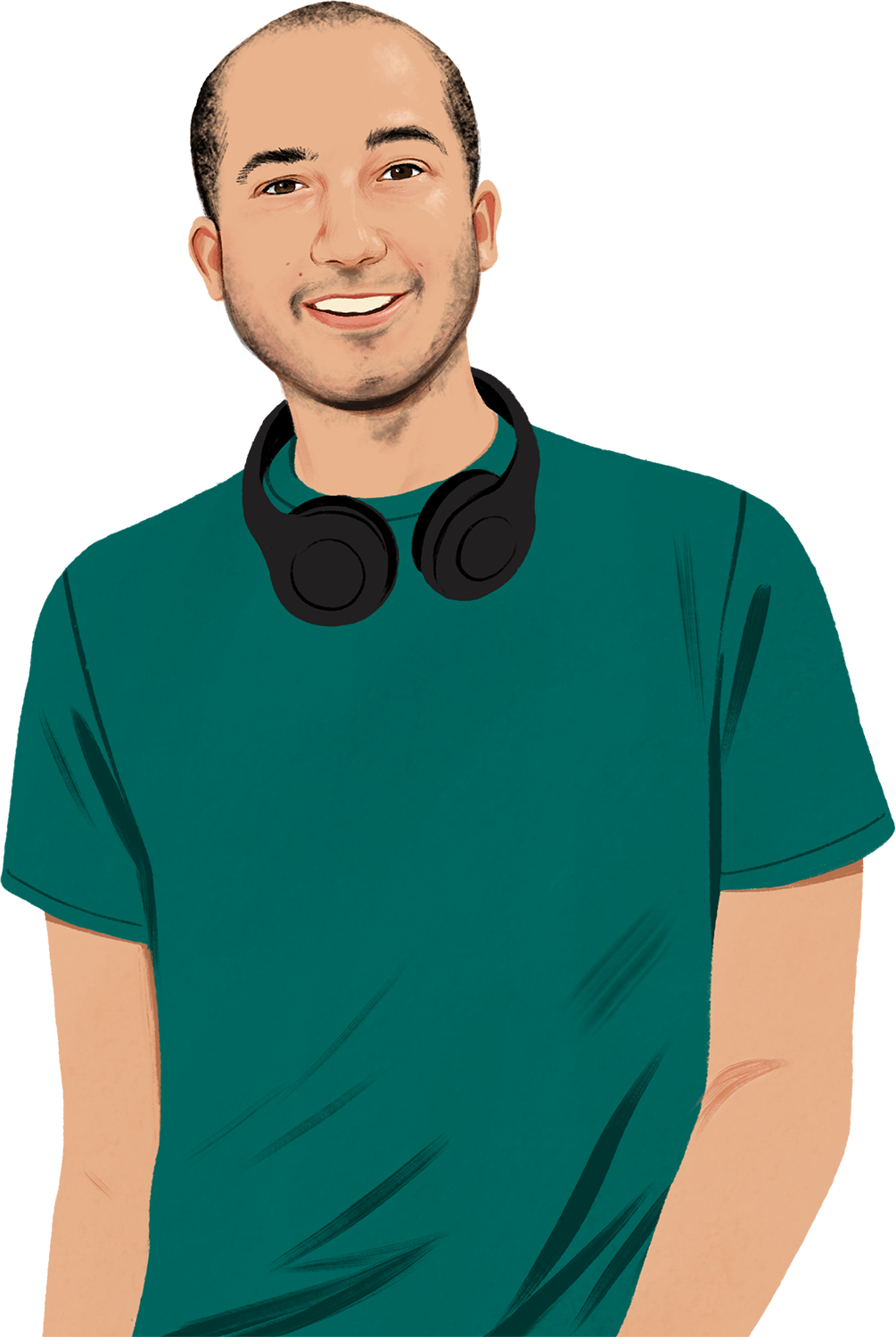 صورة بورتريه توضيحية لكريس وهو يبتسم ويرتدي سماعات رأس حول رقبته بينما ينظر إلى القارئ؛ وتدخل في الإطار صورة توضيحية لهاتف iPhone، تصدر منه موجات صوتية مرئية.