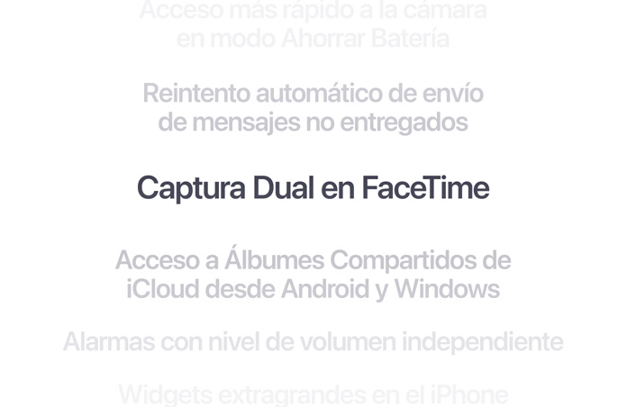 Una lista vertical de funcionalidades, con "Captura Dual en FaceTime" en negrita en el centro. Las funcionalidades de arriba y de abajo se desvanecen en el fondo.