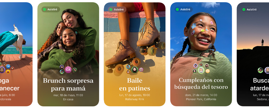 Fila de Invitaciones Apple con fotos personalizadas y coloridas para eventos llamados Almuerzo sorpresa para mamá; Patinaje y baile, y Cumpleaños con búsqueda del tesoro