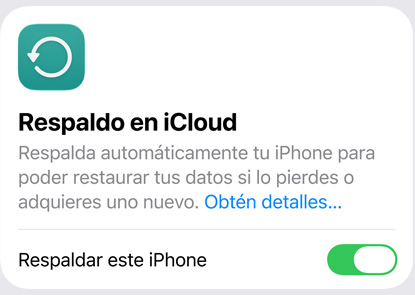 Pantalla que muestra el uso de datos de Respaldo en iCloud