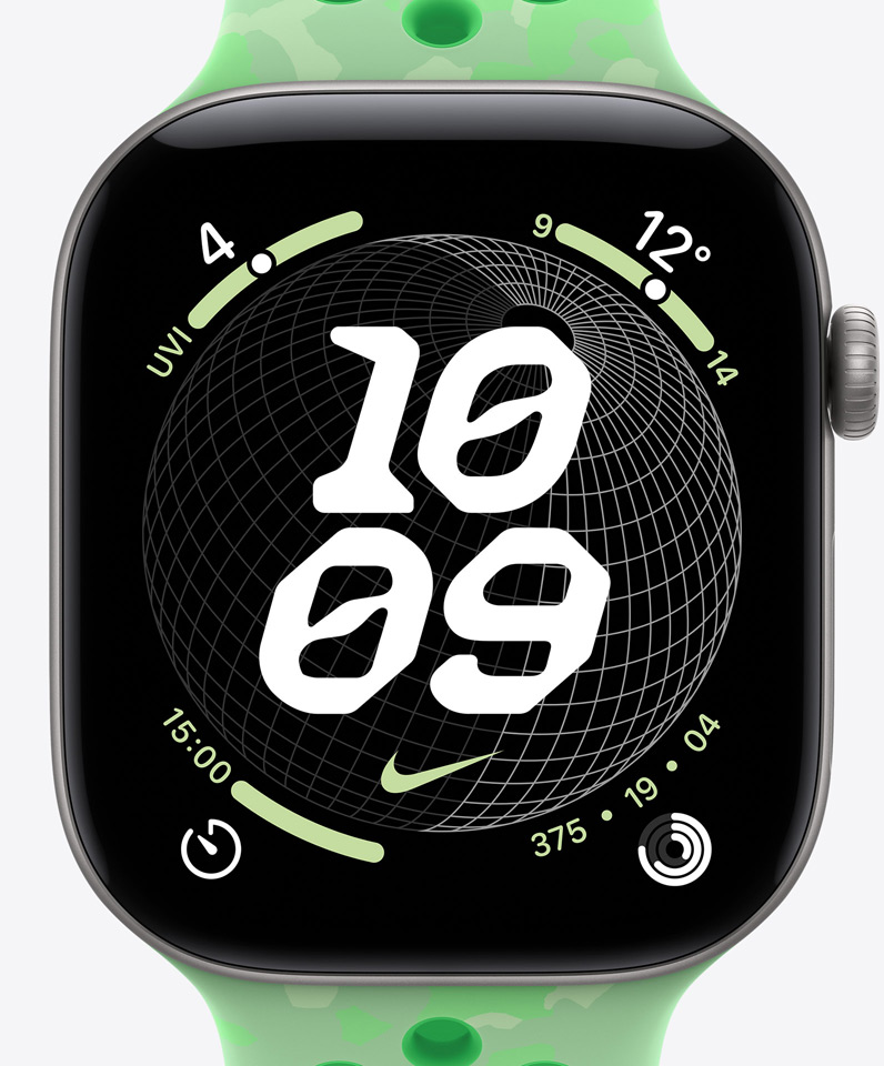 Nike Globe Zifferblatt, Uhrzeit, Nike Swoosh Logo, Komplikationen: UV Index, Wetter, Timer, Aktivitätsringe