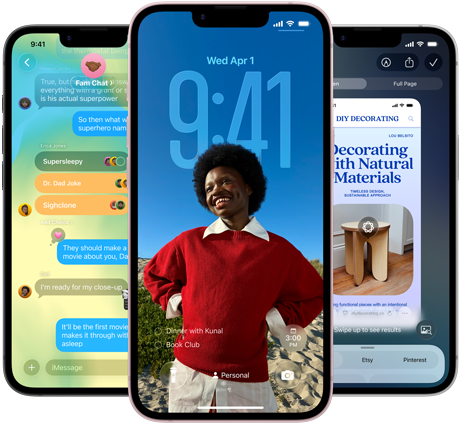 Three iPhone 17e devices, showing Messages app with Liquid Glass design, dynamic Lock Screen, and Visual Intelligence in use