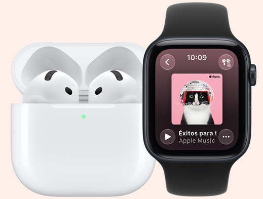 AirPods en estuche de carga MagSafe, abierto, esquinas redondeadas, luz verde de carga, Apple Watch SE 3, caja de aluminio, color medianoche, app Apple Music, portada de una lista de reproducción, correa deportiva, color negro