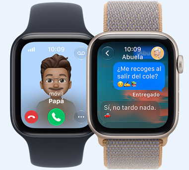 Dos Apple Watch SE 3, la pantalla de uno muestra una llamada entrante de papá, la pantalla del otro muestra mensajes con la abuela, con correa deportiva, color negro, correa Loop deportiva, color azul chambray (azul claro-gris)
