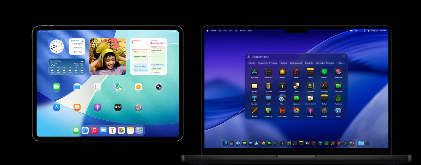 En iPad och en Mac som visar olika appikoner. iPad-enheten visar flera widgetar, bland annat Kalender, Väder och Bilder. I bakgrunden på Mac-datorn syns macOS Tahoe.