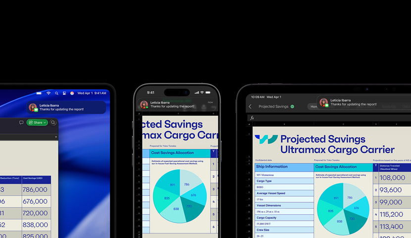 Ett kalkylblad och ett textmeddelande visas på olika enheter, bland annat iPhone, iPad, Apple Watch och en Mac som visar macOS Tahoe.