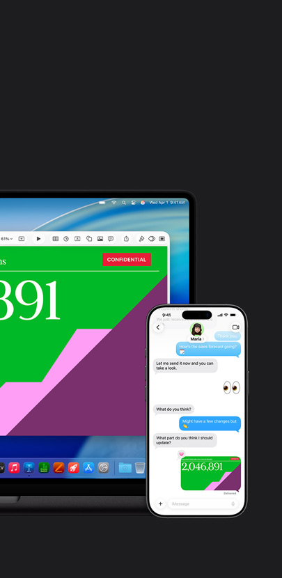 En Mac som visar en presentation och macOS Tahoe-bakgrunden. Framför Mac-datorn finns en iPhone som visar samma presentation i en meddelandekonversation.