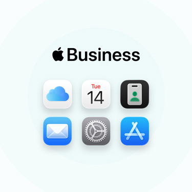 Een reeks zakelijke apps en tools, waaronder iCloud, Agenda, Apple Business, Mail, Instellingen en de App Store.