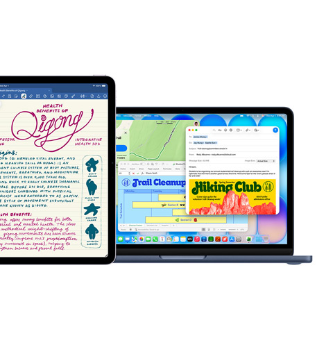iPad-skærm viser Goodnotes, Mac-skærm viser flere apps, der bruges samtidigt