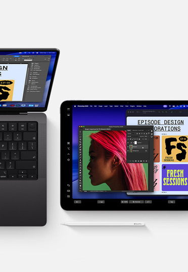MacBook og iPad med Apple Pencil, begge skærme viser det samme grafiske designsoftware for at illustrere kontinuiteten mellem enhederne.