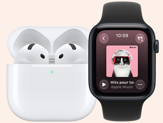 AirPods dans le Boîtier de charge MagSafe, ouvert, angles arrondis, voyant lumineux de charge vert, Apple Watch SE 3, boîtier en aluminium, minuit, app Apple Music, illustration d’une liste de lecture, Bracelet Sport, noir