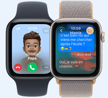 Deux Apple Watch SE 3, écrans affichant un appel entrant de Papa, un échange de Messages avec Mamie, associées respectivement au Bracelet Sport, noir, et à la Boucle Sport, bleu chambray (bleu-gris clair)