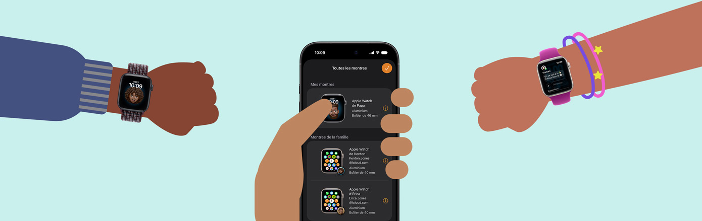 Illustration de deux poignets d’enfants portant une Apple Watch SE 3 et d’une main d’adulte tenant un iPhone