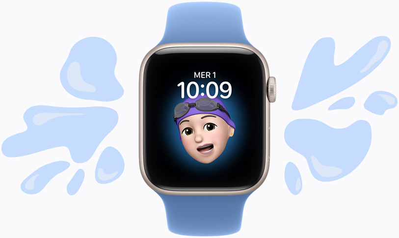 Apple Watch SE 3, boîtier en aluminium, lumière stellaire, cadran Memoji, illustrations d’éclaboussures d’eau entourant l’appareil résistant à l’eau, Bracelet Sport, bleuet