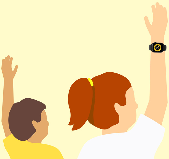 Illustration d’enfant portant une Apple Watch SE 3 et levant la main en classe
