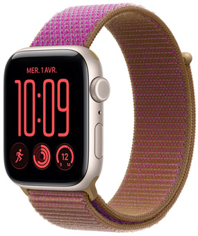 Apple Watch SE 3, boîtier en aluminium, finition lumière stellaire, côté droit, molette Digital Crown, micro, bouton latéral, associée à un bracelet Boucle Sport, magenta, système de rabat à scratch