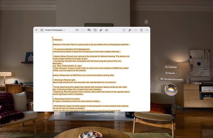 Apple Vision Pro view, a document regarding photography practices is open and Siri writing prompts hover to the side of it, prompts include Proofread, Rewrite, and How does this sound?
