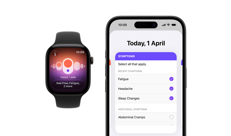Apple Watch Series 12，原色鈦金屬錶殼，配搭黑色運動錶帶，展示經期追蹤 app；已配對的 iPhone 上開啟了每日徵狀選擇器