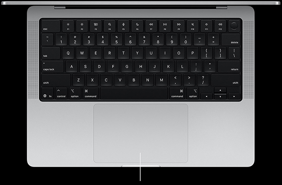 A felnyitott fedelű 14 hüvelykes MacBook Pro felülnézeti képe, melyen jól látszik a billentyűzet alatt elhelyezkedő Force Touch érintőpad