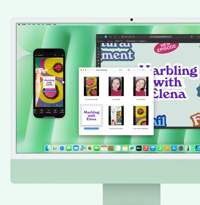 iMac hijau. Pencerminan iPhone sedang digunakan. Sebuah file sedang diseret dari iMac ke layar iPhone yang dicerminkan