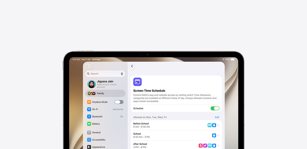 iPad displaying the Screen Time Schedule feature with a horizontal timeline showing which categories of apps and websites are allowed before school, during school, and after school.