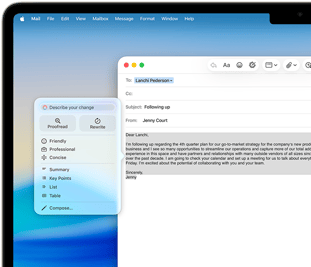 MacBook Air ekrāns, kurā Apple Intelligence Writing Tools funkcija raksta e-pastu
