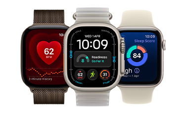 Three Apple Watch devices: Apple Watch Series 12, aluminum case, dark bronze color, Heart Rate app, dark bronze color Milanese Loop band, Apple Watch Ultra 4, titanium case, natural color, Modular watch face with readiness, heart rate, Workouts, and UV Index complications, right side exterior, Digital Crown, raised side button, translucent gray color Ocean Band, Apple Watch SE 3, aluminum case, starlight color, sleep score, right side exterior, Digital Crown, sand color Sport Band