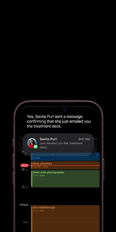 iPhone 18 Pro, Burgundy colour, partial front exterior, display screen shows conversation with Siri AI using Apple Intelligence, calendar app displayed below an iMessage about a deck treatment