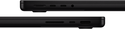 Porty na MacBooku Pro – ľavá strana: MagSafe 3, dva porty Thunderbolt a konektor na slúchadlá – pravá strana: slot na kartu SDXC, jeden port Thunderbolt a port HDMI