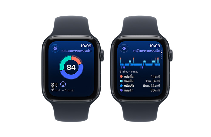 Apple Watch SE 3 devices, aluminum cases, midnight color, screens show sleep score, sleep stages, right side exterior, Digital Crown dials, Sport Bands, navy blue color