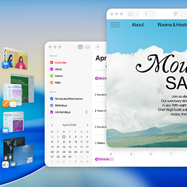 หน้าต่างและแอปต่างๆ มากมายที่แสดงอยู่บนหน้าจอ ซึ่งรวมถึง Keynote, Pages, เมล และเว็บไซต์ที่มีเนื้อหาเกี่ยวกับสถานพักผ่อนหย่อนใจที่เงียบสงบ