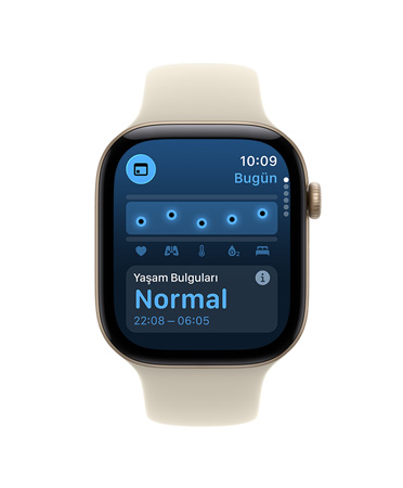 Apple Watch Series 12, alüminyum kasa, uzay grisi renk, Yaşam Bulguları uygulaması, sağlık skoru grafiği, gece boyu ölçülen yaşam bulguları normal aralık içinde bildirimi, Spor Kordon, kum beji (açık uçuk kahve) renk