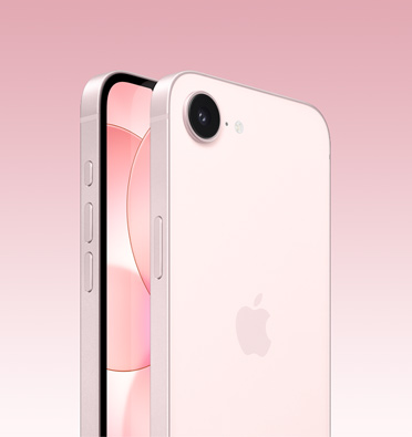 Açık pembe renkteki iPhone 17e’nin önden ve arkadan görünümü, Apple logosunun ve tek bir kameranın yer aldığı arka yüzey tamamen görünüyor, yan kısımda Eylem düğmesi, ses düğmeleri ve yan düğme görünüyor.