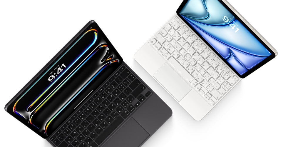 俯視圖，展示 iPad Pro 貼合在適用於 iPad Pro 的黑色巧控鍵盤上，以及 iPad Air 貼合在適用於 iPad Air 的白色巧控鍵盤。