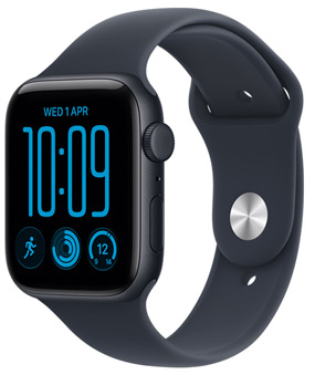 Apple Watch SE 3, aluminium case, midnight colour, right side exterior, Digital Crown, microphone, side button, Sport Band, black colour, pin-and-tuck closure (silver colour pin)