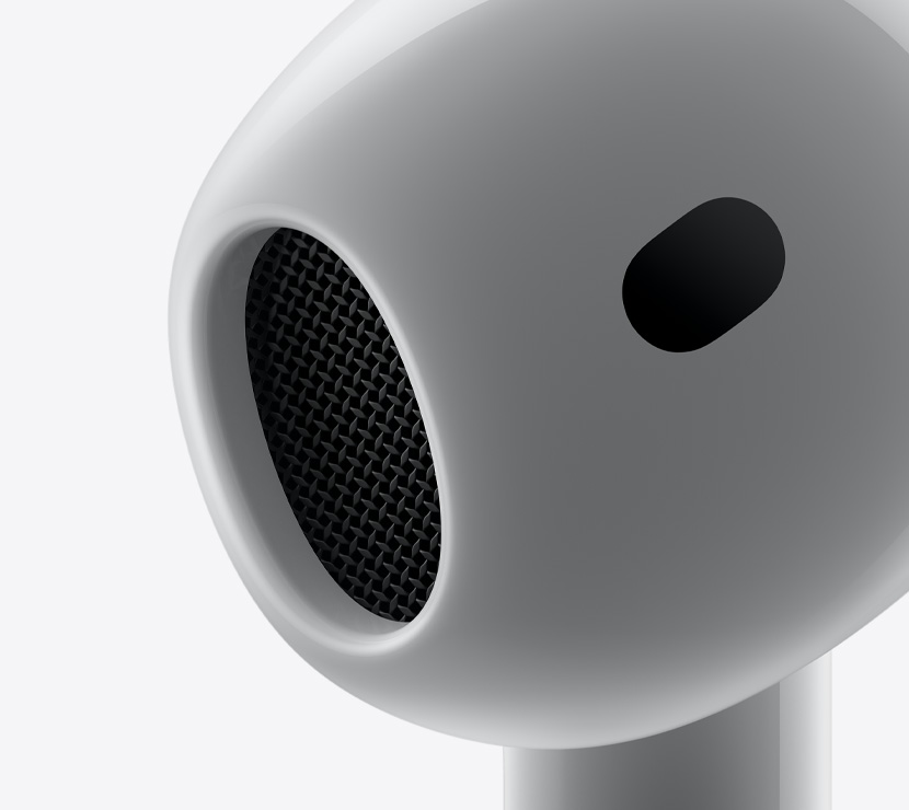 AirPods 4 kõrvaklappide koonusekujulise kõrvasisese osa lähivõte.