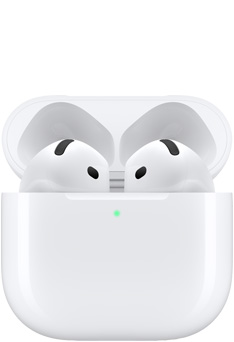AirPods 4 kõrvaklapid avatud kaanega laadimiskarbis.