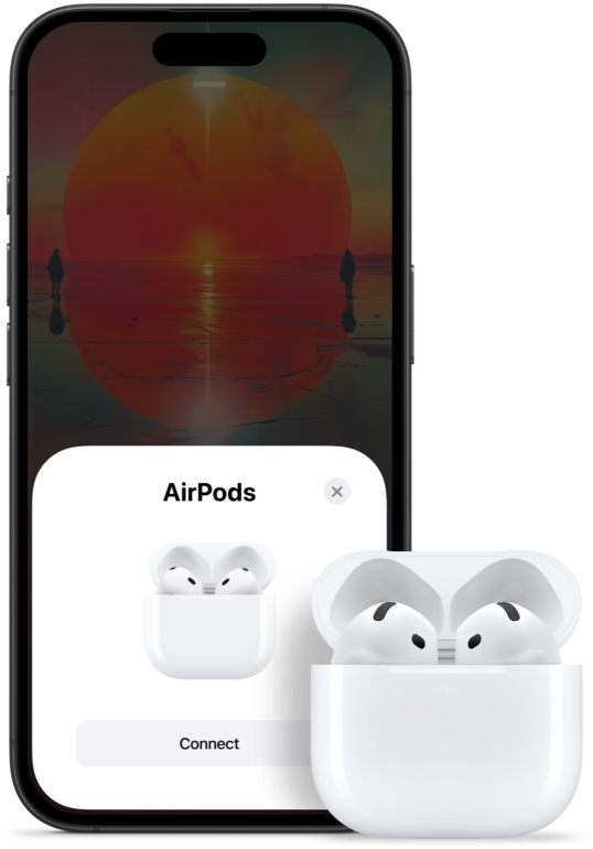 Avatud kaanega karp, sees AirPods 4 kõrvaklapid, iPhone'i kõrval, millel kuvatakse, et AirPods 4 on ühendatud.
