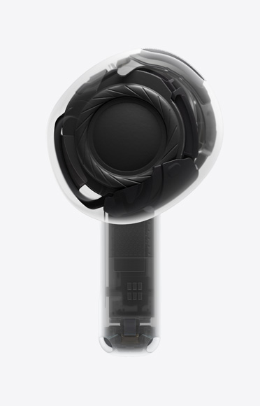 Üks AirPods 4 kõrvaklapp, mille klapivarres on H2 kiip.