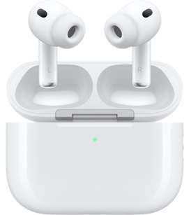 „AirPods Pro 3“ įkrovimo dėkle su atidarytu dangteliu, priekinė išorinė pusė, baltos spalvos