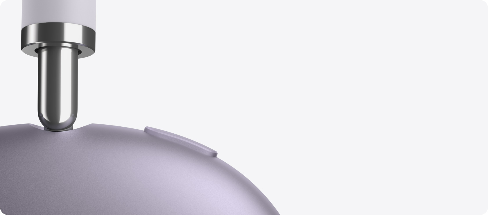 Ausinės „AirPods Max 2“, šoninė išorinė pusė, teleskopinės rankenėlės detalė, pagalvėlė, triukšmo valdymo mygtukas