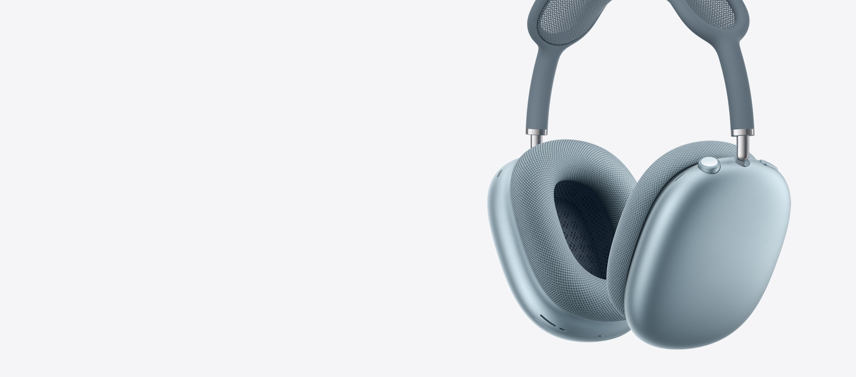 Ausinės „AirPods Max 2“, šoninė išorinė pusė, mėlynos spalvos, pagalvėlės vidinė ir išorinė dalys, „Digital Crown“
